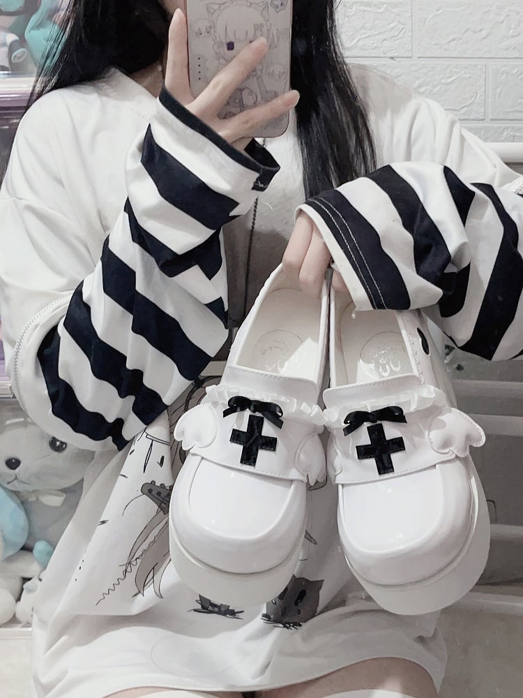 Jirai Kei White Yami Kawaii Cross Bowknot Platform Loafers