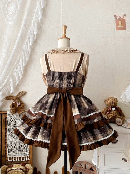 Brown Plaid Pattern Lolita Dress High Waist Autumn and Winter Lolita Jumper Skirt