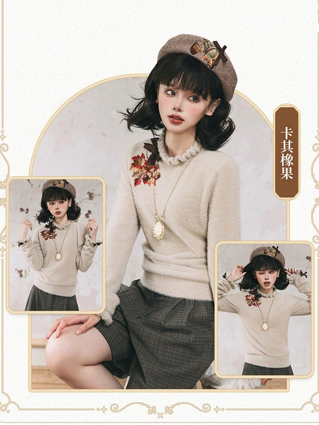 Autumn Top Bowknot Cuffs Neckline Embroidery Knit on Leaf Maple Khaki