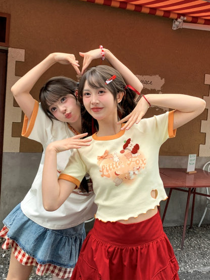 Yellow Cartoon Animal Print Heart Cutout Short Version T-Shirt with Apple Brooch