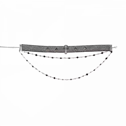 Cyberpunk Cross Choker with Beaded Chains Y3K Silver Fashion