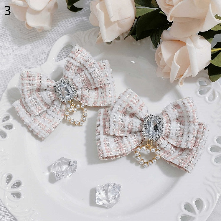 Jirai Kei Beaded Sweetheart Rhinestone Adorned Plaid Bowknot Hairclips