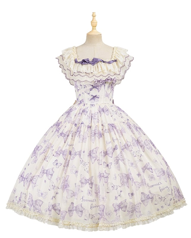 Robe Lolita violette à nœuds et papillons, décolleté deux façons de la porter
