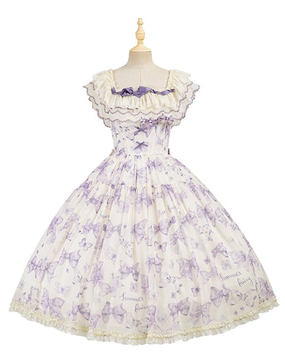 Robe Lolita violette à nœuds et papillons, décolleté deux façons de la porter