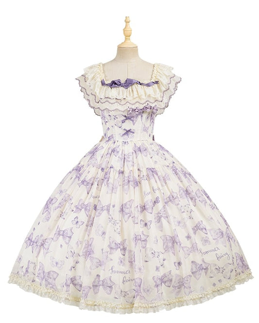 Robe Lolita violette à nœuds et papillons, décolleté deux façons de la porter