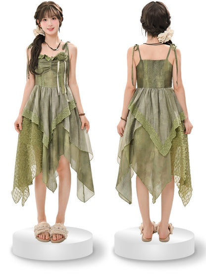 Green Handkerchief Hem with Dress Shoulder Mori Kei Cami Straps Self-tie