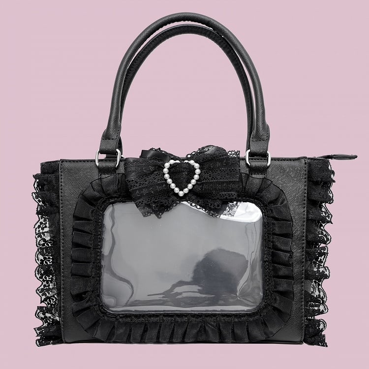 Ita Trim with Jirai Decorated Bowknot Free Holder Lace Beaded Card Bag Heart Kei PVC Black