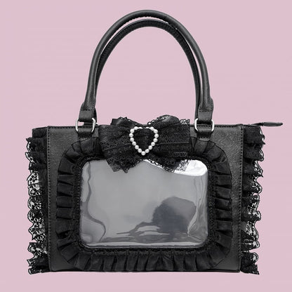 Ita Trim with Jirai Decorated Bowknot Free Holder Lace Beaded Card Bag Heart Kei PVC Black