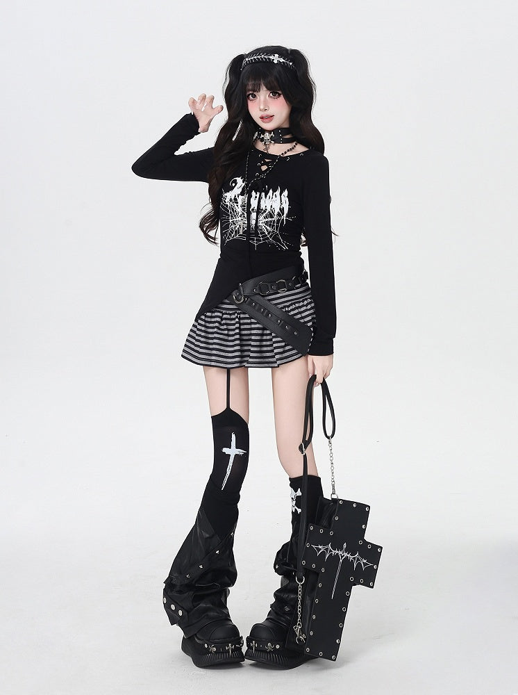 Spider Web Print Lace-up Neckline Asymmetrical Hem Black Top