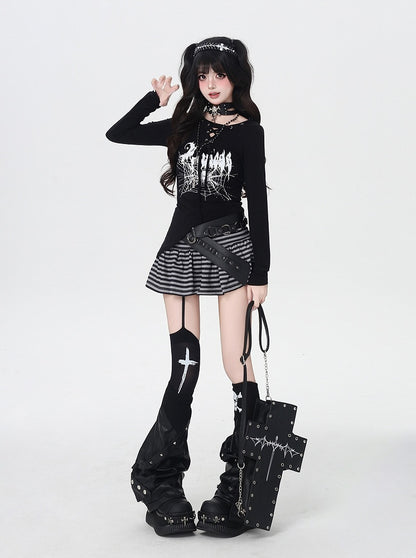 Spider Web Print Lace-up Neckline Asymmetrical Hem Black Top
