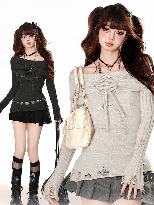 Haut en tricot gris clair/gris foncé à lacets et épaules dénudées effet vieilli