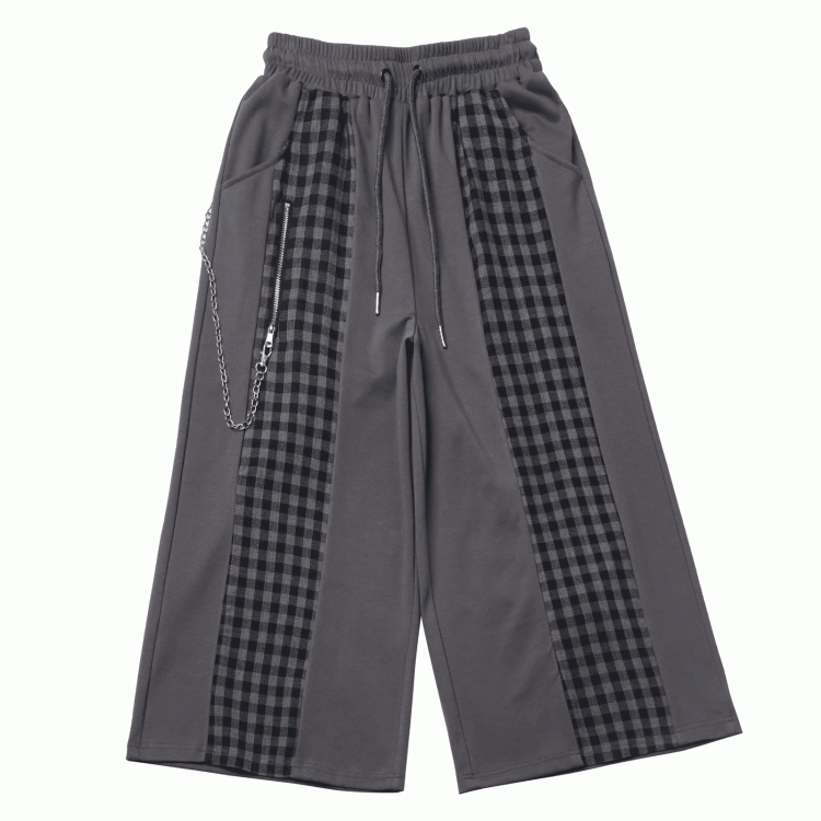 Reißverschluss Grau Plaid Patchwork Kordelzug Taille Hose Detail