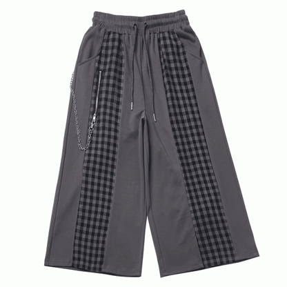 Reißverschluss Grau Plaid Patchwork Kordelzug Taille Hose Detail