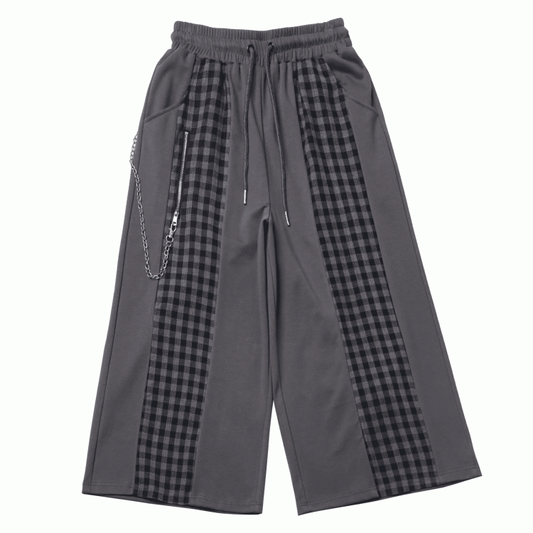 Reißverschluss Grau Plaid Patchwork Kordelzug Taille Hose Detail