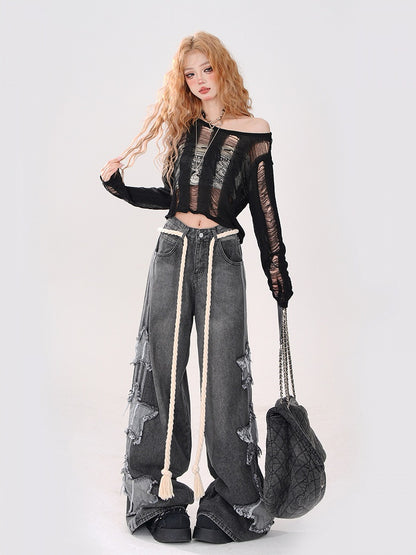 Crop Top Detailing Black Neckline - Asymmetrical Knit Intricate Distressed