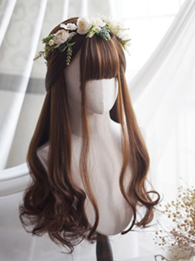 Caramel Long Wavy Wig With Full Bangs