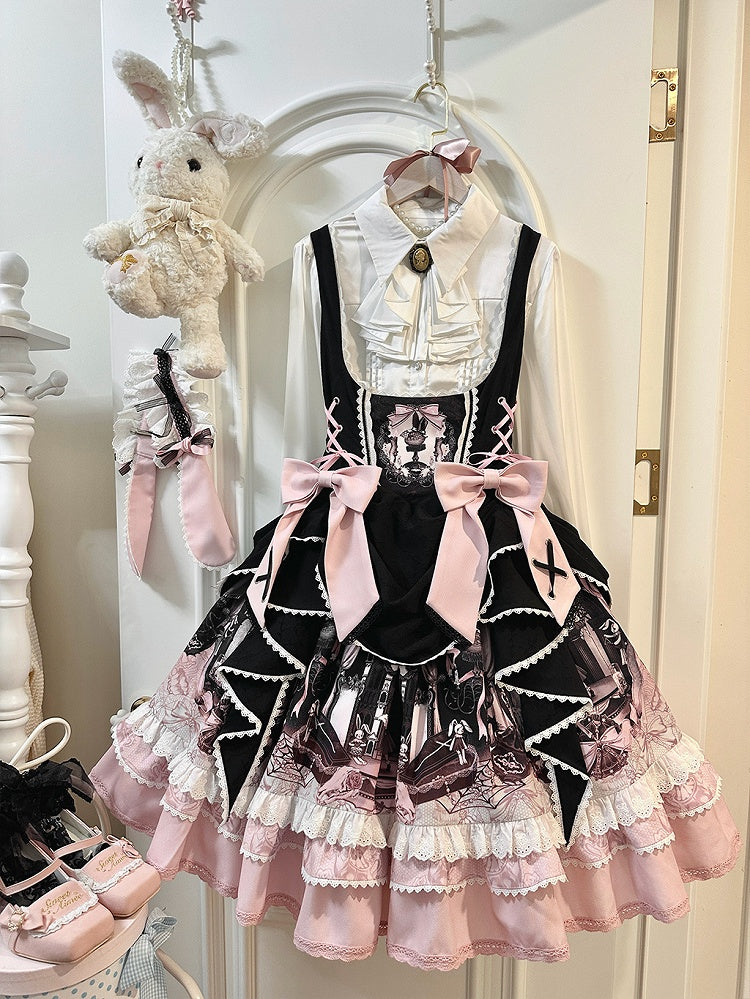 Robe Lolita noire et rose sous la poitrine avec motif lapin et cercueil
