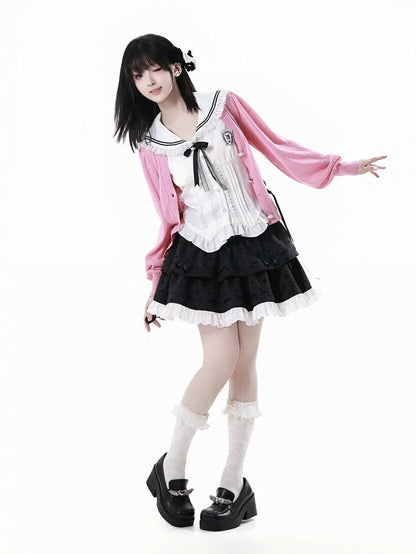 Pink Lace-up Details Front Heart Button Placket Summer Knit Cardigan