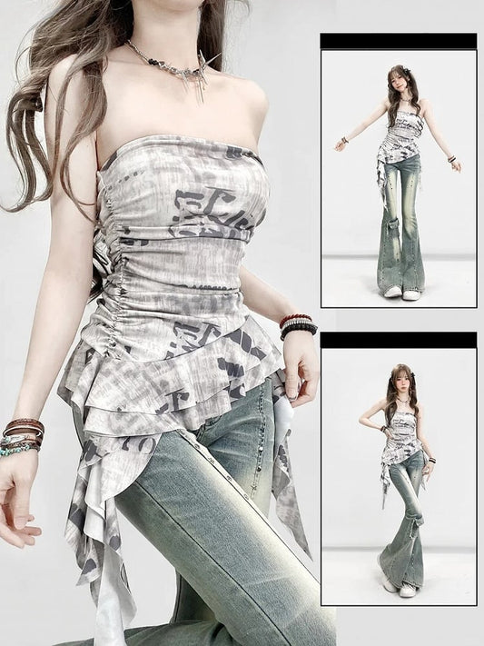 Strapless Asymmetrical Print White Top Letter Glamorous Hem Bittersweet