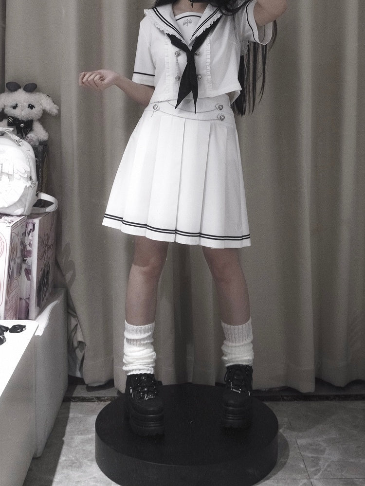 Pleated Sleeves White Navycore JK + Collar Short Skirt Uniform Sailor Set- Top