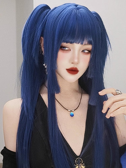 Blue Hime Cut Long Straight Synthetic Wig