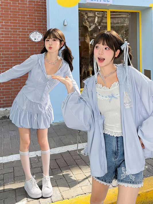 Short/Long Jacket Light Blue Lamb Print Sun Protection Hooded Version