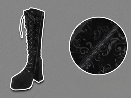 Gothic Black Front Lace-up Ties Velvet Platform High Block Heel  Knee-high Boots