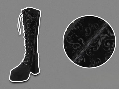 Block High Black Velvet Lace-up Gothic Heel Front Knee-high Ties Platform Boots