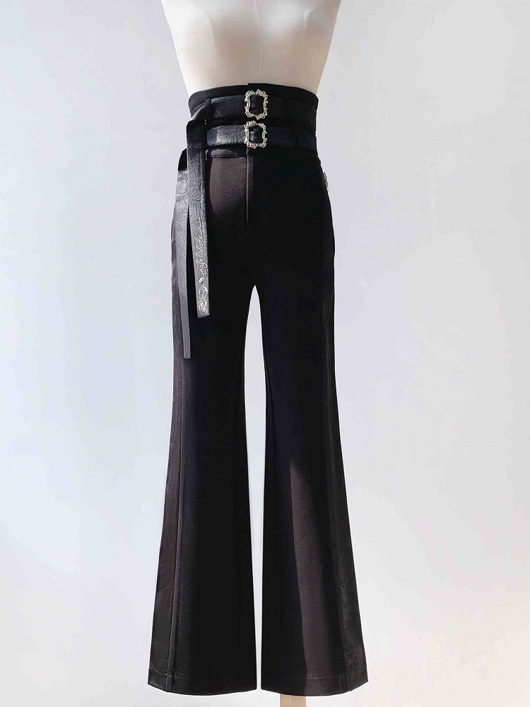 Black Ouji Fashion Lolita High Waist Pants with Two Belts