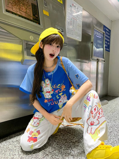 White Low Cartoon Bunny Print Waist Wide-leg Jeans