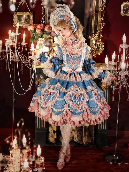 Ensemble complet Lolita OP avec broderie florale et chaîne de perles Hanayome bleue
