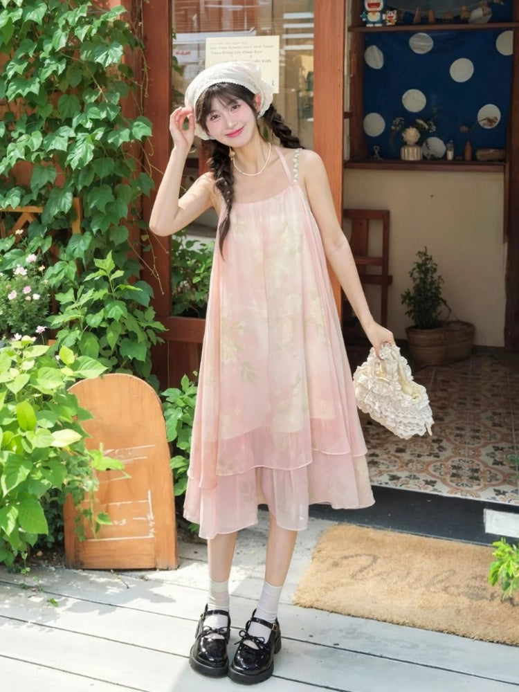 Sleeves Neck Tiered Slip Skirt Polka-dot Dress+Flutter Overdress Yume Kawaii Pink Set-	Halter Two-pieces