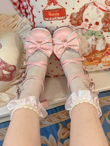 Block Bow Crisscross High Heels Buckles at Detachable Heart Design Pink Top