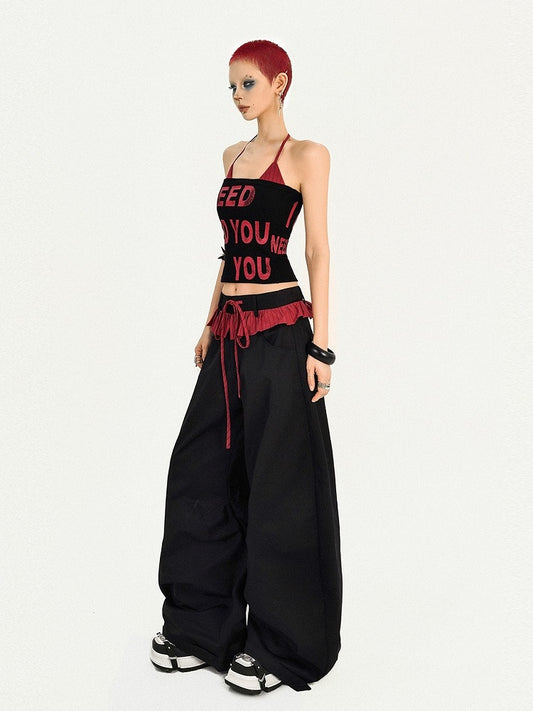 Ruffle Wide-Leg Pants with Red-Black Striped Two-piece Black Faux