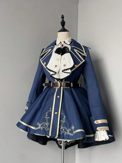 XXL Gold Coat Blue Skirt + Set Cape Shirt Jabot Trimming Clearance-Size Full Lolita Military and