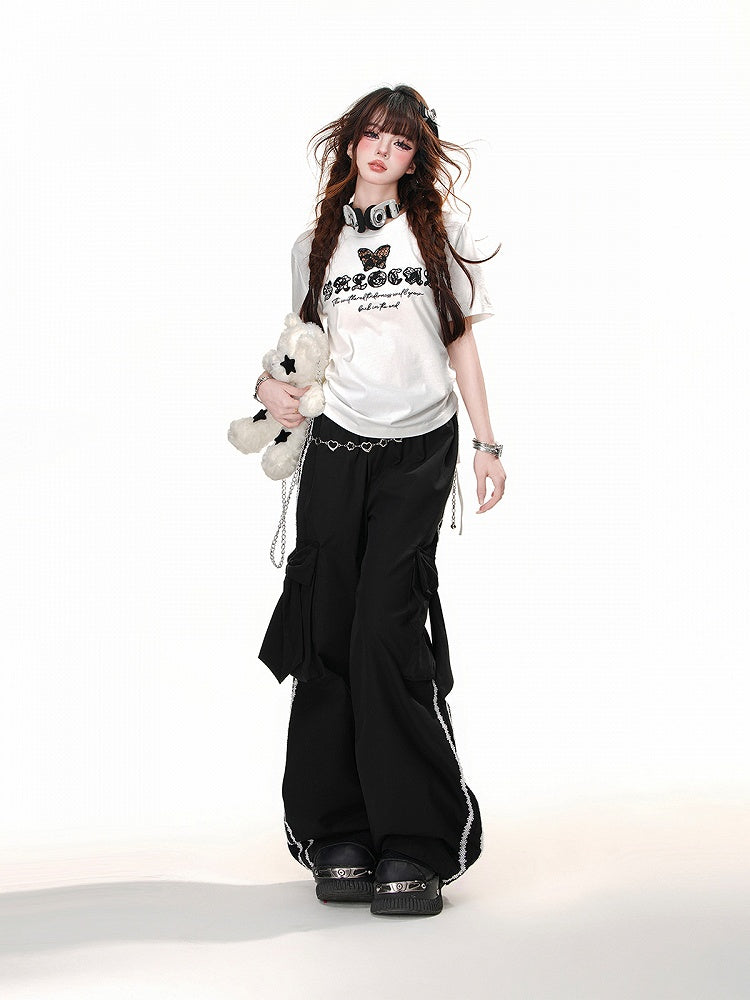 Black/White Butterfly-Shaped Cutout Details Drawstring Waist Glamorous  T-Shirt