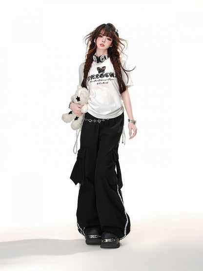Black/White Butterfly-Shaped Cutout Details Drawstring Waist Glamorous  T-Shirt