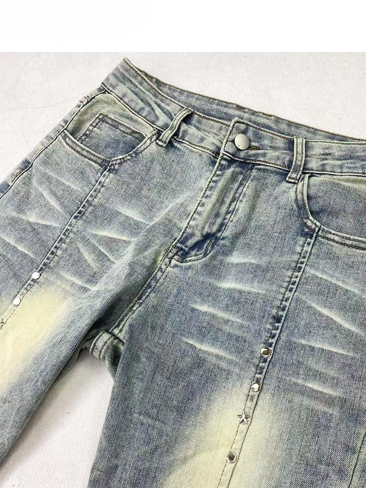 Decorated Jeans Faded Cuffs Y2K Frayed Glamorous Blue Raw Flare Pocket Silhouette Wash and