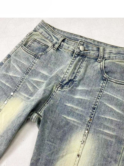 Decorated Jeans Faded Cuffs Y2K Frayed Glamorous Blue Raw Flare Pocket Silhouette Wash and