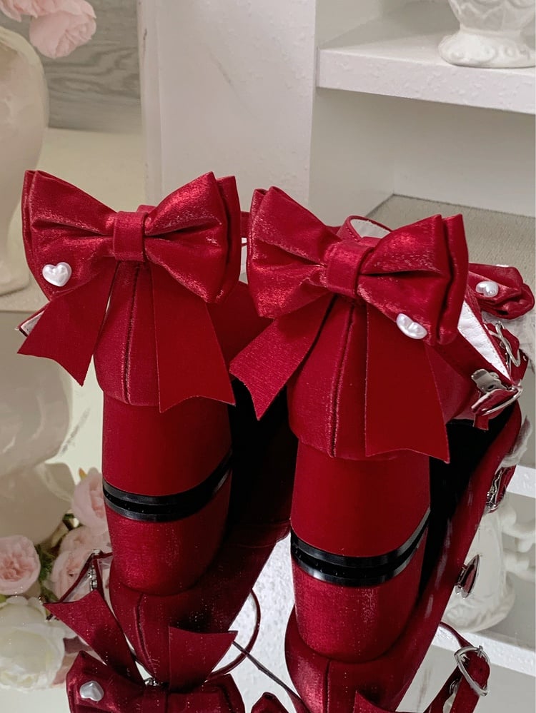 Mit Schnallen, doppeltes, kreuz und quer verlaufendes Weinrotes Lolita-Oberteil-Design, Riemen, Schnalle, abnehmbare Knöchelschuhe, rotes Herz an der Schleife, süß