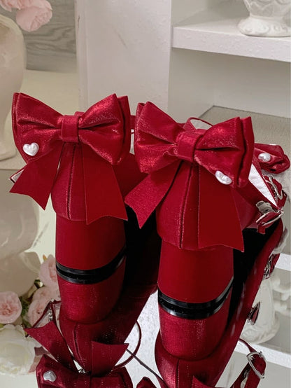 Mit Schnallen, doppeltes, kreuz und quer verlaufendes Weinrotes Lolita-Oberteil-Design, Riemen, Schnalle, abnehmbare Knöchelschuhe, rotes Herz an der Schleife, süß
