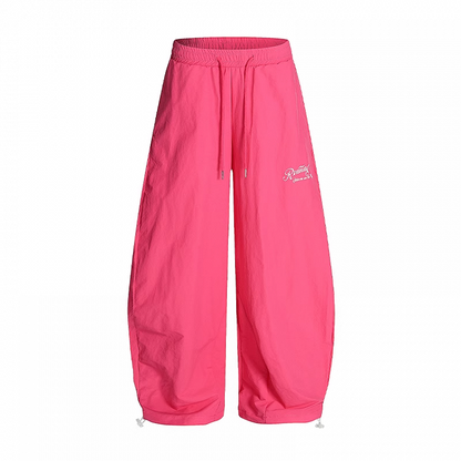 Rose Red Drawstring Waist and Cuffs Wide-leg Casual Pants