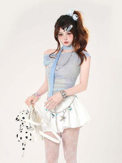 White and Blue Double Elastic Waistband Mini Skirt