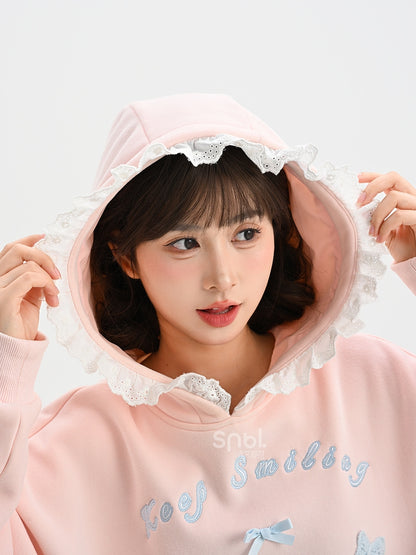 Pink Cute Crocheted Bunnies Details Fleece Lined Hoodie