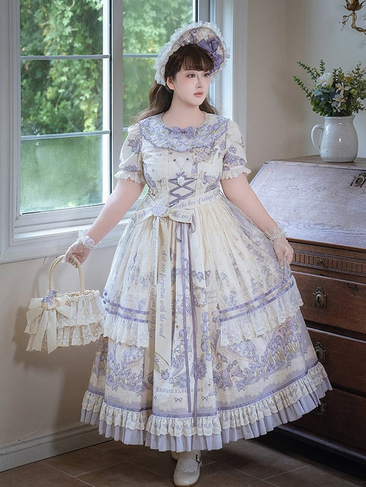 Available Dress Plus Sizes Print Short Lolita Sleeves and Floral Classic Purple Embroidery