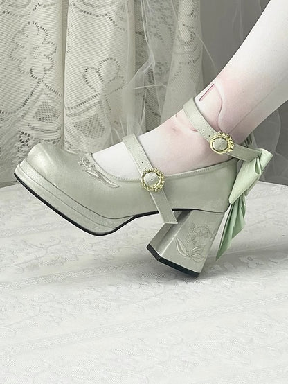 of Middle Embroidery the Satin Heels Bowknot Janes Green Lily Detachable Valley Mary