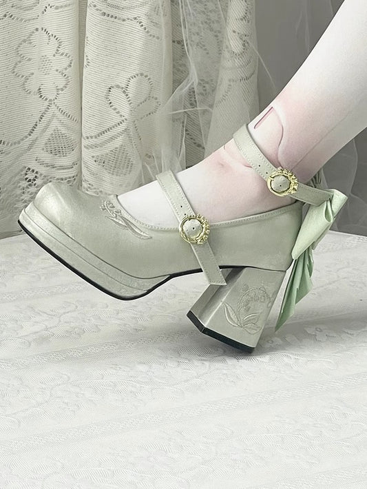 of Middle Embroidery the Satin Heels Bowknot Janes Green Lily Detachable Valley Mary