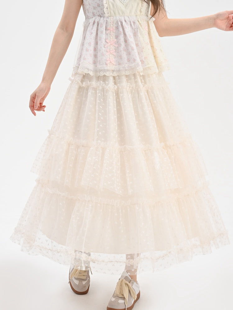 Apricot Elastic Waist Heart Pattern Mesh Tiered Skirt