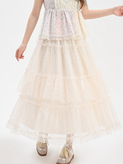 Apricot Elastic Waist Heart Pattern Mesh Tiered Skirt