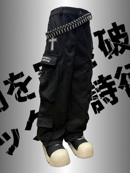Applikation Schwarz Punk Weites Bein Cargo Kreuz Verziert Rock Taschen Hose Brief Und